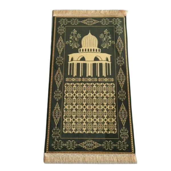 Green chenille prayer rug with classic golden mosque dome - Amana Bond series