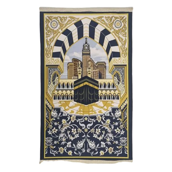 Navy velvet Muslim prayer rug with Kaaba Mecca skyline print - Zainyunoor wholesale