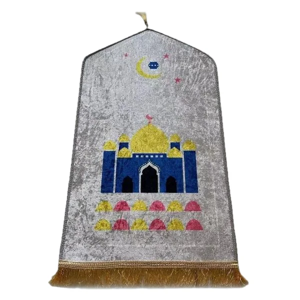 Grey velvet Muslim prayer rug with blue mosque and crescent moon - Zainyunoor wholesale