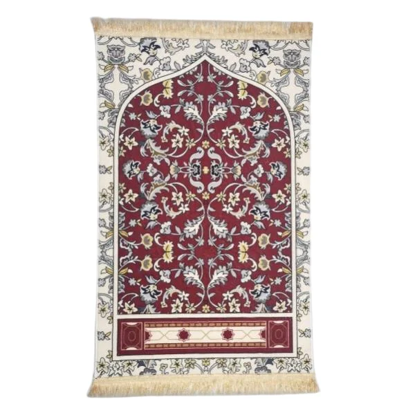 Red chenille Muslim prayer rug with floral mihrab arch design - Zainyunoor wholesale