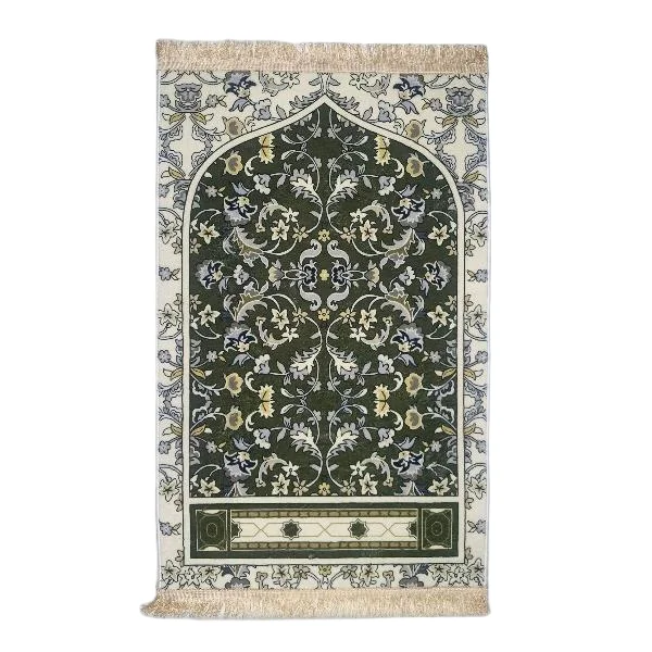 Green chenille Muslim prayer rug with ivory floral mihrab border - Zainyunoor wholesale
