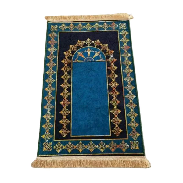 Teal velvet Muslim prayer rug with ornate gold arch motif - Zainyunoor wholesale