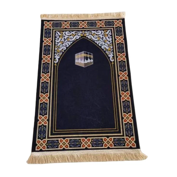 Black chenille Muslim prayer rug with Kaaba arch and gold trim - Zainyunoor wholesale