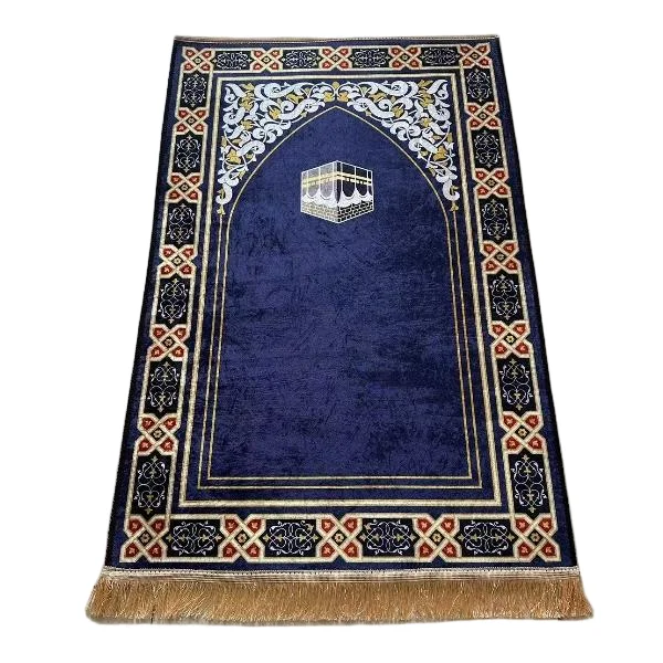 Blue velvet Muslim prayer rug with Kaaba mihrab and tassels - Zainyunoor wholesale