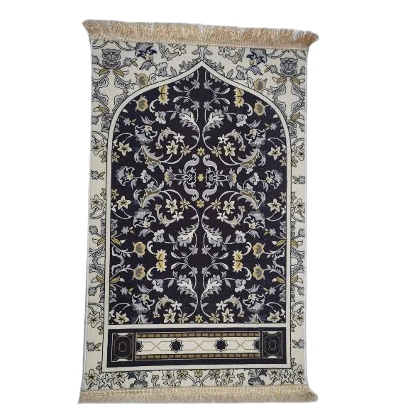 Black chenille Muslim prayer rug with floral arch and ivory border - Zainyunoor wholesale