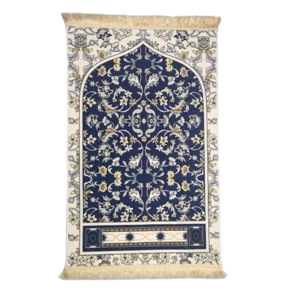 Blue chenille Muslim prayer rug with ivory floral mihrab design - Zainyunoor wholesale