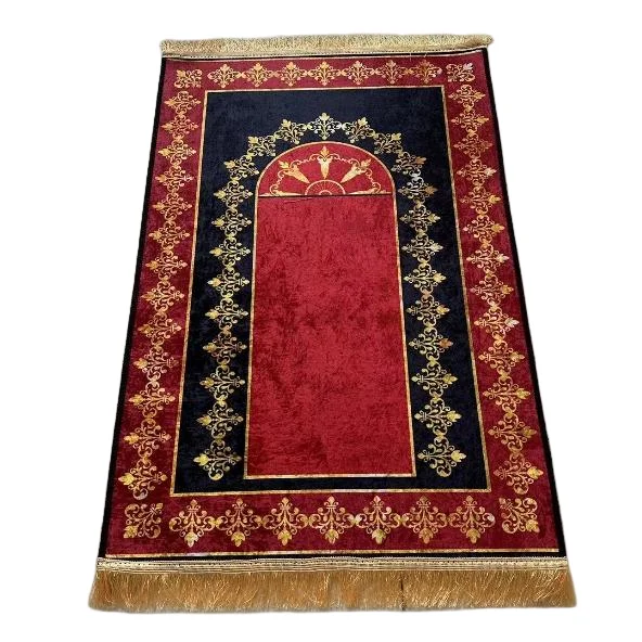 Red velvet Muslim prayer rug with gold ornate mihrab border and tassels - Zainyunoor wholesale