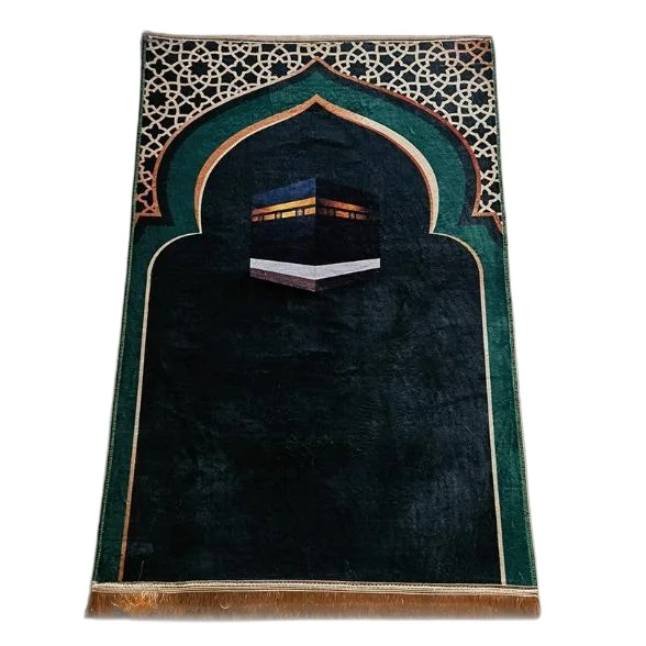 Green velvet Muslim prayer rug with Kaaba design and geometric arch - Zainyunoor wholesale