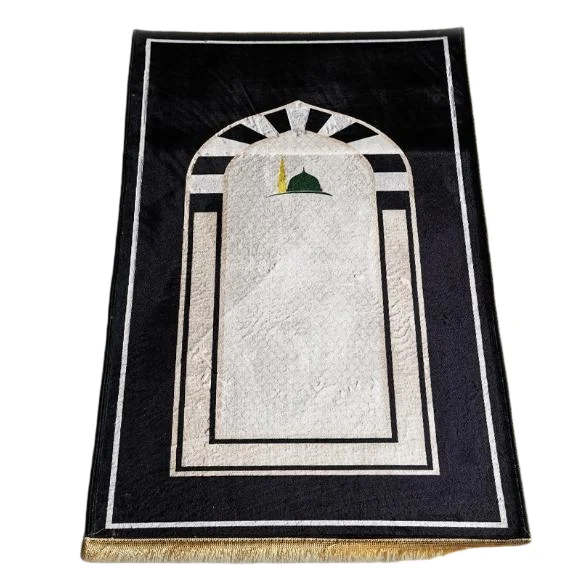 Black velvet Muslim prayer rug with Madinah dome motif and arch frame - Zainyunoor wholesale