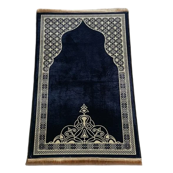 Navy blue velvet Muslim prayer rug with gold mihrab and ornamental border - Zainyunoor wholesale