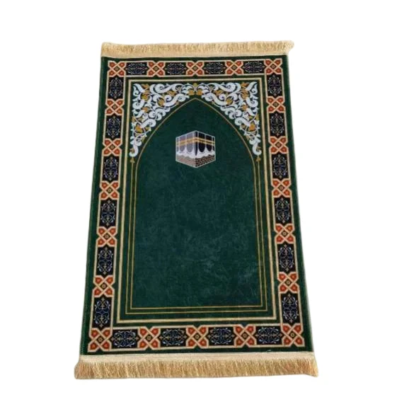 Green velvet Muslim prayer rug with Kaaba print and floral arch border - Zainyunoor wholesale