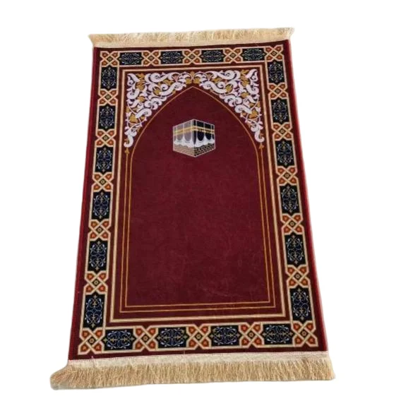 Maroon velvet Muslim prayer rug with Kaaba motif and decorative border - Zainyunoor wholesale