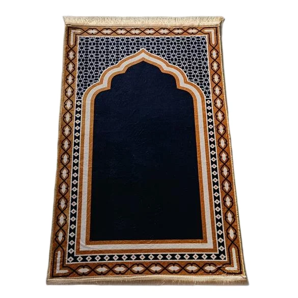 Black and orange velvet Muslim prayer rug with geometric mihrab arch - Zainyunoor wholesale
