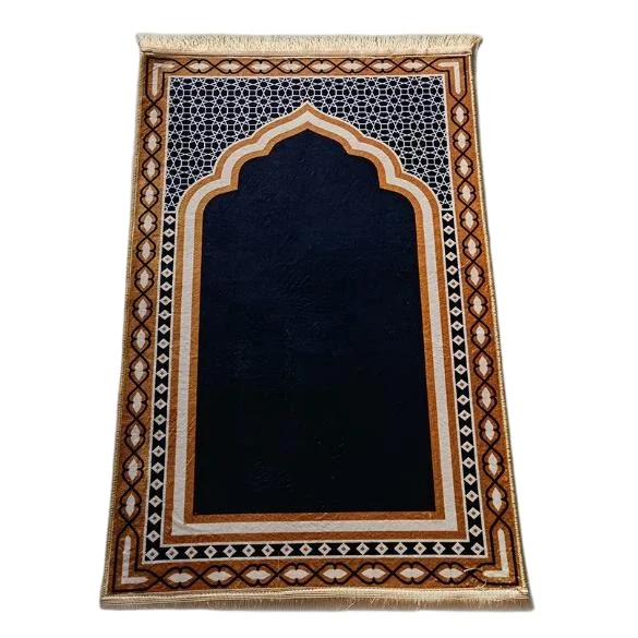 Navy and tan velvet Muslim prayer rug with classic mihrab arch design - Zainyunoor wholesale