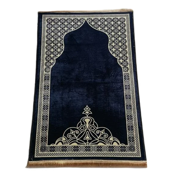 Dark blue velvet Muslim prayer rug with gold mihrab and tassel fringe - Zainyunoor wholesale
