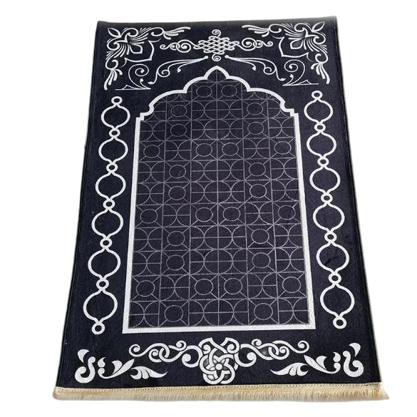 Black velvet Muslim prayer rug with silver geometric mihrab pattern - Zainyunoor wholesale