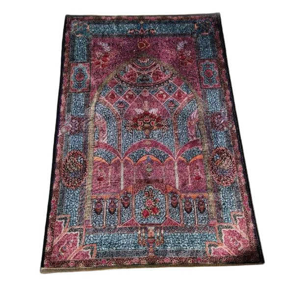 Pink silk Muslim prayer rug with ornate mihrab arch design - Zainyunoor wholesale