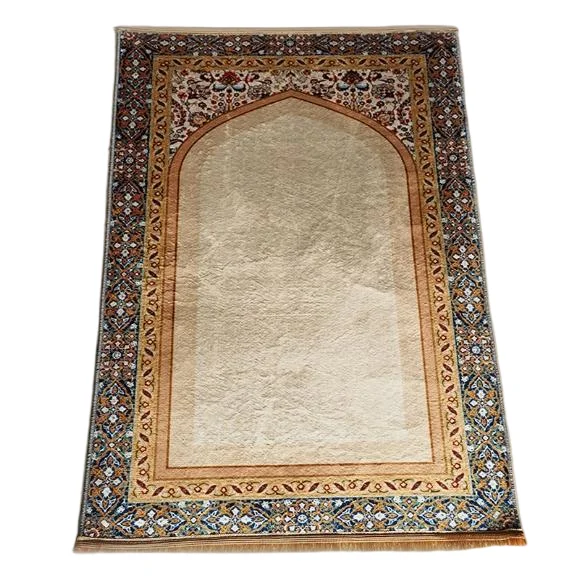 Beige silk Muslim prayer rug with classic mihrab and floral border - Zainyunoor wholesale