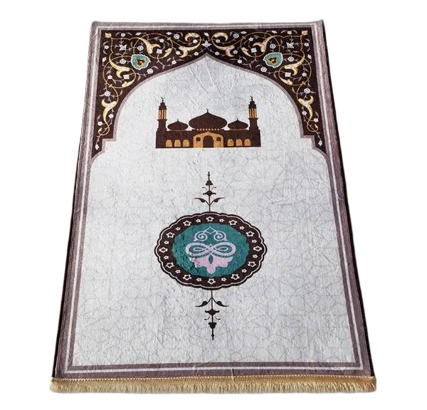 White velvet Muslim prayer rug with mosque and medallion print - Zainyunoor wholesale