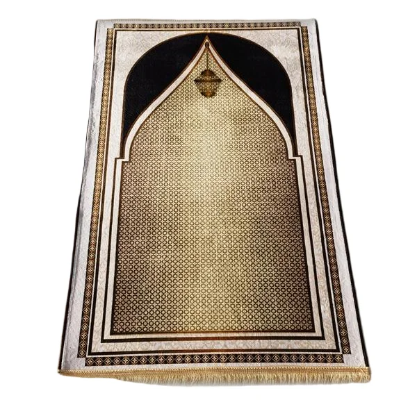 Gold velvet Muslim prayer rug with lantern and mihrab arch motif - Zainyunoor wholesale