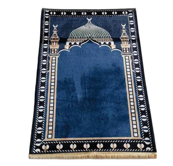 Blue velvet Muslim prayer rug with mosque dome and minaret design - Zainyunoor wholesale
