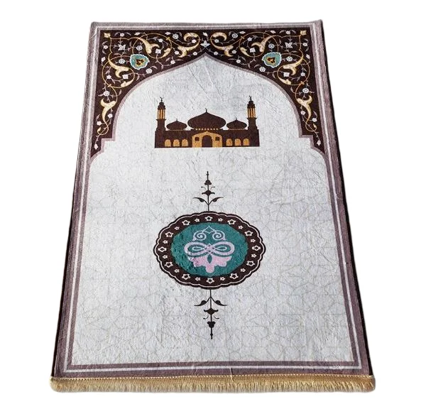 Ivory velvet Muslim prayer rug with mosque silhouette and medallion - Zainyunoor wholesale
