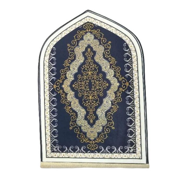 Navy velvet Muslim prayer rug with gold ornamental medallion - Zainyunoor wholesale