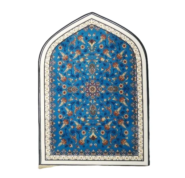 Turquoise velvet Muslim prayer rug with floral mihrab arch motif - Zainyunoor wholesale