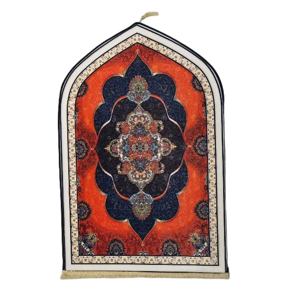 Orange velvet Muslim prayer rug with navy medallion and tassel - Zainyunoor wholesale