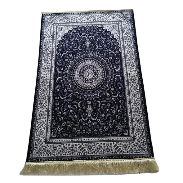 Black silk Muslim prayer rug with classic Persian medallion and fringe - Zainyunoor wholesale