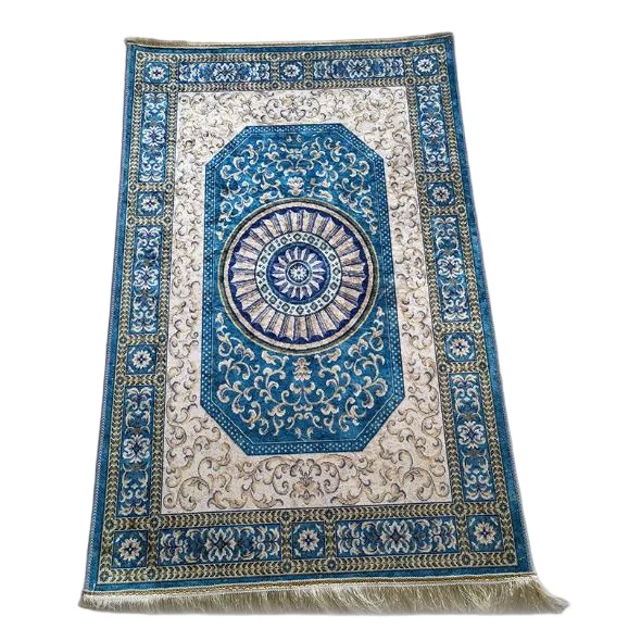 Blue silk Muslim prayer rug with octagonal medallion and tassels - Zainyunoor wholesale