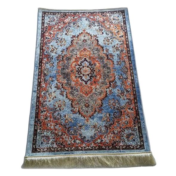 Blue silk Muslim prayer rug with orange floral medallion and fringe - Zainyunoor wholesale