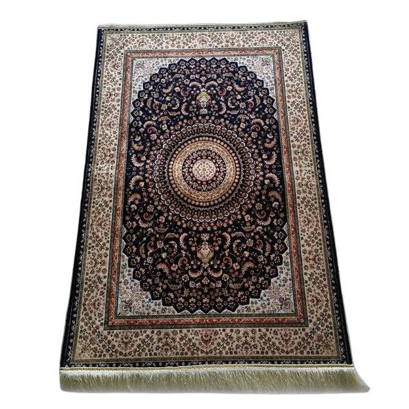 Navy silk Muslim prayer rug with sunburst medallion and fringe - Zainyunoor wholesale
