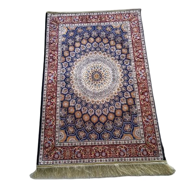 Navy blue silk Muslim prayer rug with dome medallion design and fringe - Zainyunoor wholesale