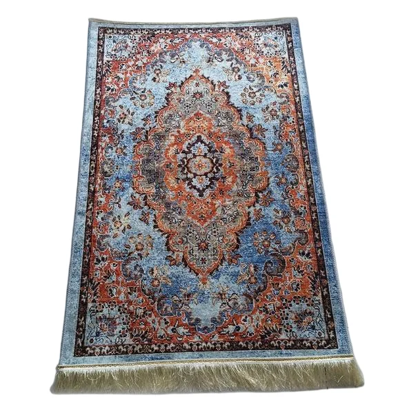 Sky blue silk Muslim prayer rug with vintage floral medallion and tassels - Zainyunoor wholesale