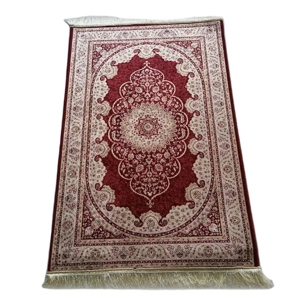 Red silk Muslim prayer rug with classic Persian medallion pattern - Zainyunoor wholesale
