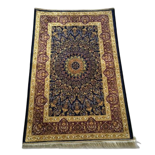 Black and gold silk Muslim prayer rug with sunburst medallion design - Zainyunoor wholesale