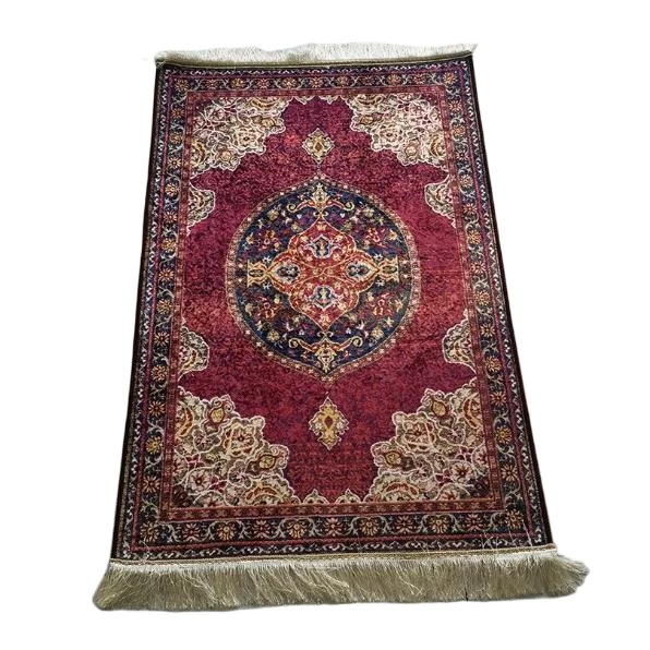 Burgundy silk Muslim prayer rug with traditional oval medallion and fringe - Zainyunoor wholesale