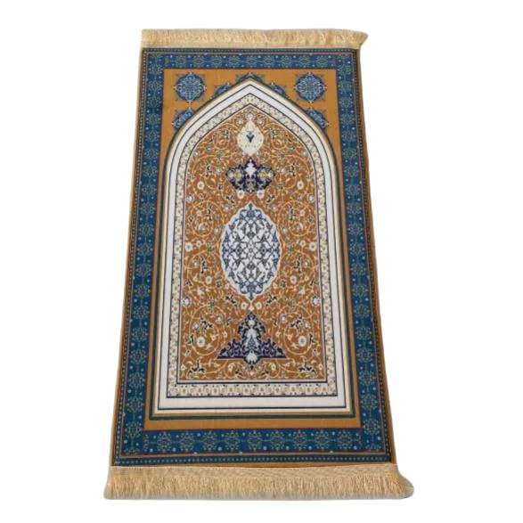 Blue and gold velvet Muslim prayer rug with mihrab arch design - Zainyunoor wholesale