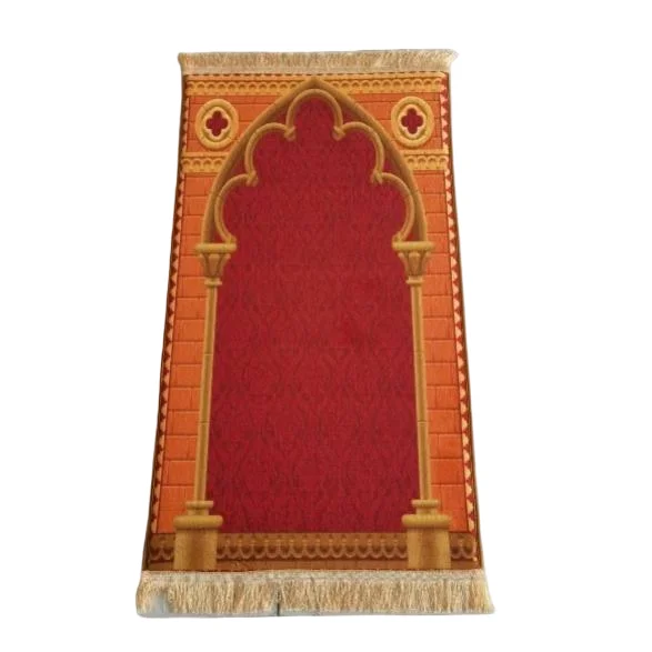 Red and orange velvet Muslim prayer rug with mosque arch pillars design - Zainyunoor wholesale