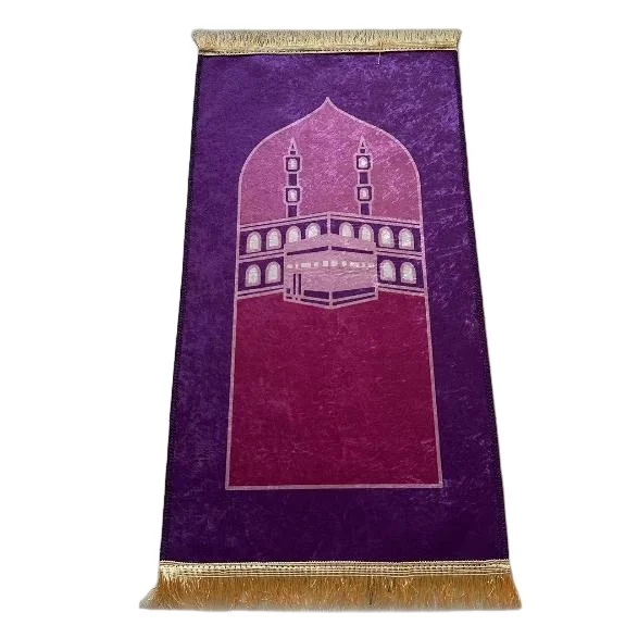 Purple velvet Muslim prayer rug with Kaaba mosque print and gold fringe - Zainyunoor wholesale