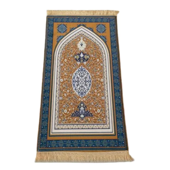 Blue and gold chenille Muslim prayer rug with mihrab arch floral medallion design - Zainyunoor wholesale