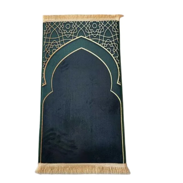 Emerald green velvet Muslim prayer rug with gold geometric mihrab arch border - Zainyunoor wholesale