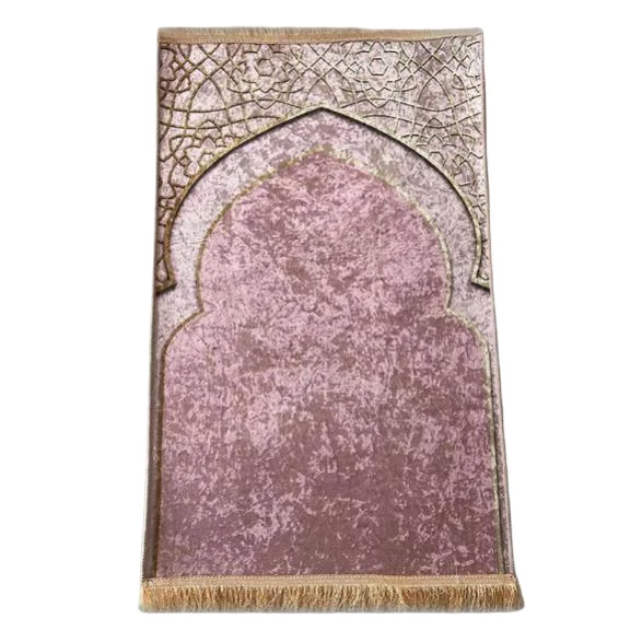 Dusty pink crushed velvet Muslim prayer rug with embossed mihrab arch motif - Zainyunoor wholesale