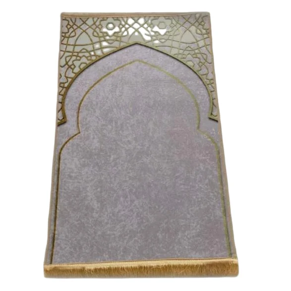 Light gray suede Muslim prayer rug with gold outlined mihrab arch design - Zainyunoor wholesale