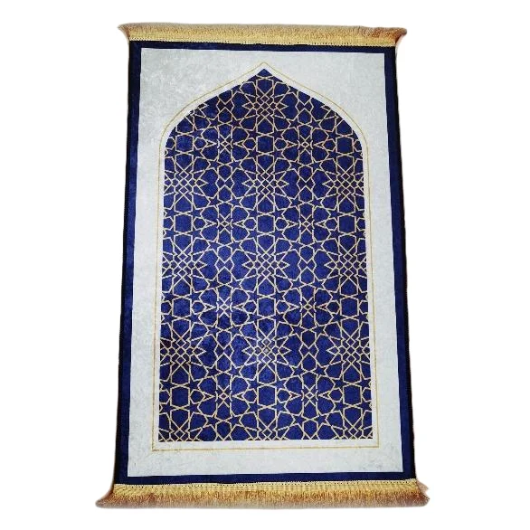 Royal blue velvet Muslim prayer rug with gold geometric star lattice mihrab - Zainyunoor wholesale