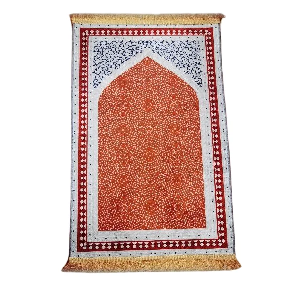 Orange and ivory chenille Muslim prayer rug with traditional geometric arch motif - Zainyunoor wholesale