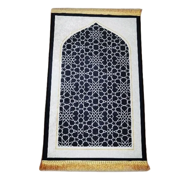 Black and ivory velvet Muslim prayer rug with Islamic geometric mihrab arch - Zainyunoor wholesale