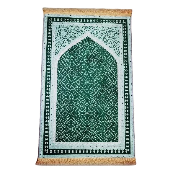 Dark green chenille Muslim prayer rug with intricate floral arch medallion pattern - Zainyunoor wholesale