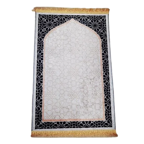 Black and ivory velvet Muslim prayer rug with star geometric mihrab arch border - Zainyunoor wholesale